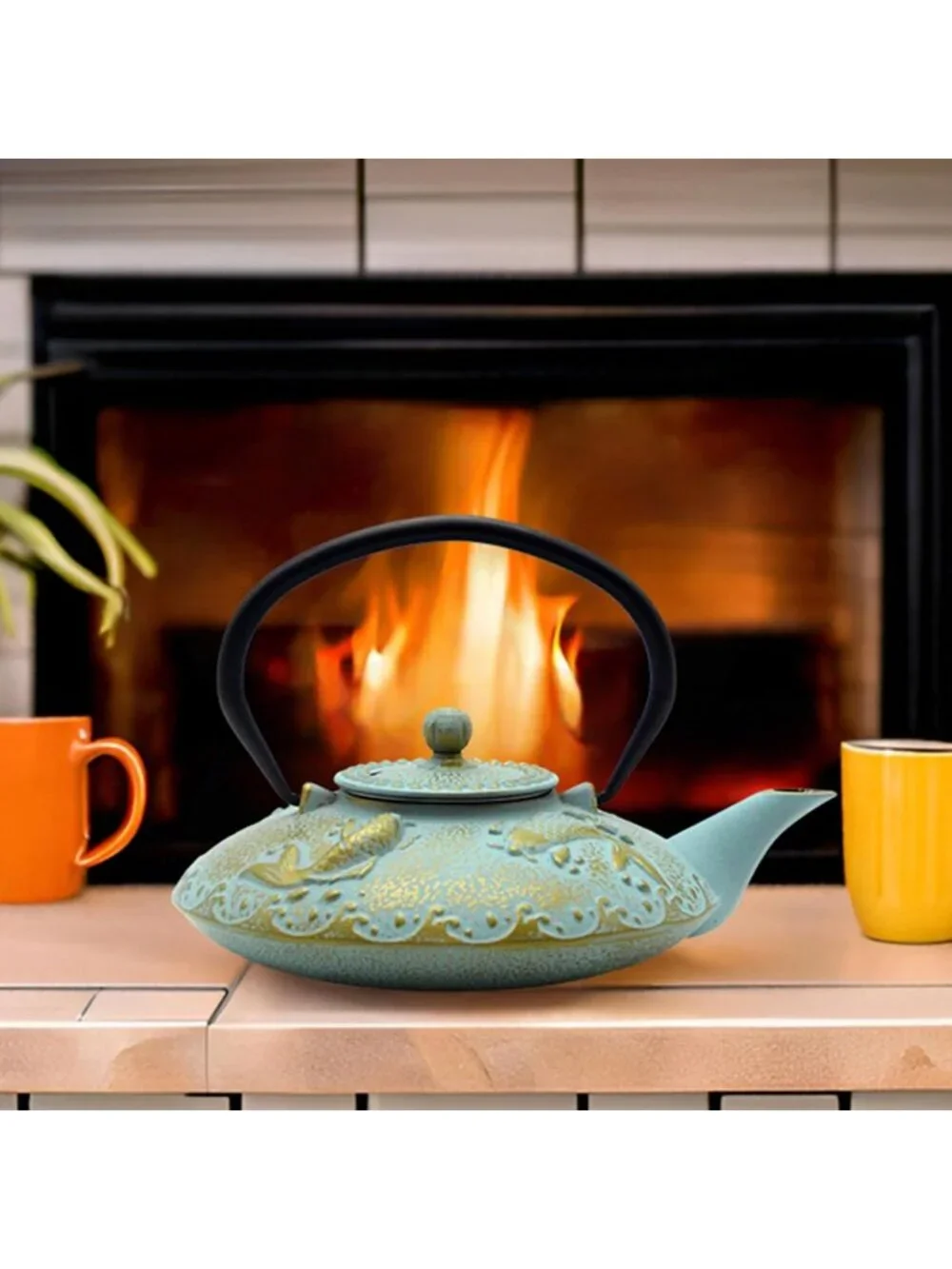 Cyan and Gold Cast Iron Kitchen Japanese Teapot 27.1oz Stovetop  Infuser Pot